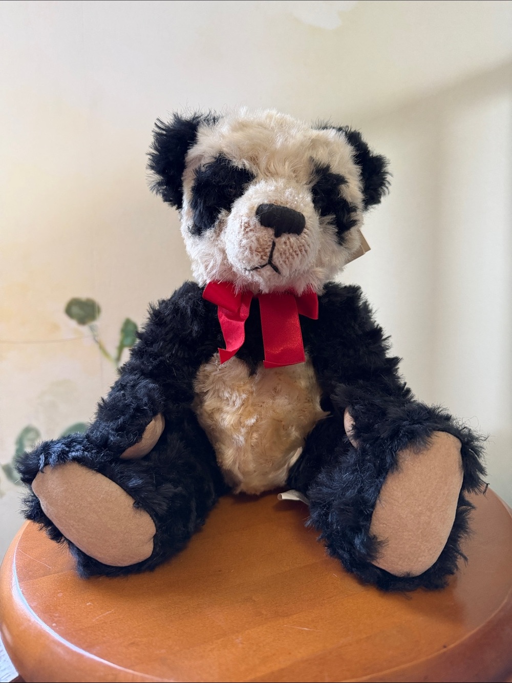 Bombay Mei Ying Black and Cream Plush Panda Bear Toy with Red Bow